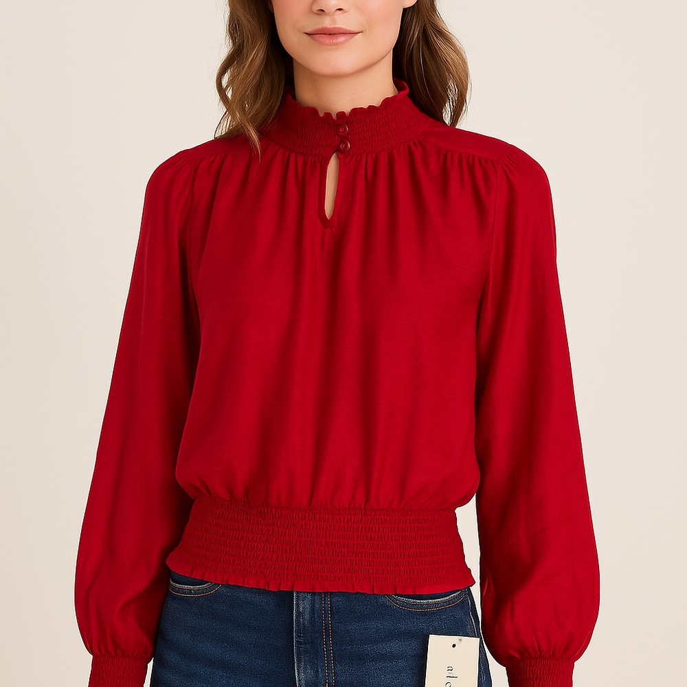 Title: Alex & Lili Red Smocked High Neck Blouse – NWT  Size XL - Picture 10 of 12